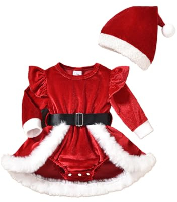 Dazzerake Ensemble de Noël Bébé Fille Déguisement Robe de Barboteuse en Velours Côtelé avec Chapeau 0-24 Mois