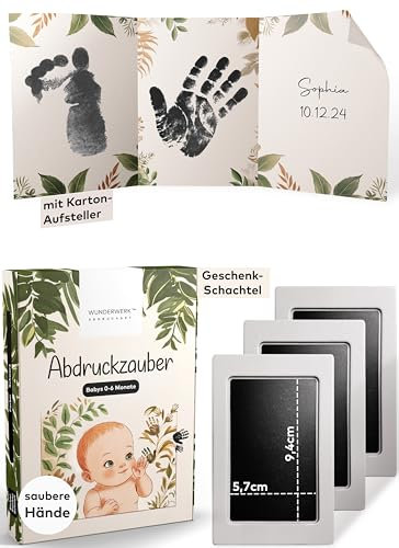 ABDRUCKZAUBER Original Baby Abdruckset 0-6 Monate I schwarzes Handabdruck Set & Fußabdruck Baby I Personalisiertes Geschenk Baby I Inkl. 3 Stempelpads, 3 Abdruckkarten & 1 liebevolle Faltkarte