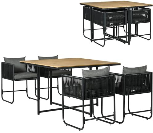 Outsunny Conjunto de Jardín Exterior de Ratán Sintético Juego de Muebles de Jardín para Exterior de Ratán de 5 Piezas con Mesa Cuadrada 4 Sillas Cojines Negro y Natural