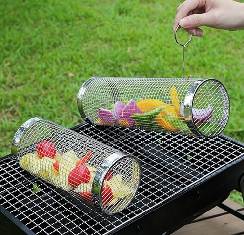 Vankarr Panier Grille Barbecue 2 Pièces Grille Iegumes Barbecue Panier à Griller Roulant en Acier Inoxydable avec Poignée Amovible