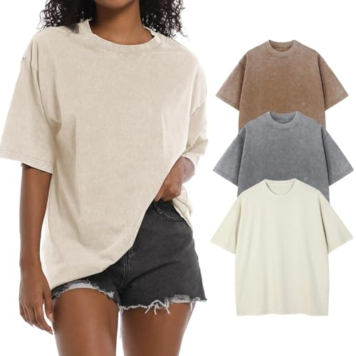Oversized t-shirt för kvinnor rund hals kortärmade toppar casual lös basic sommar t-shirts skjortor blus, beige/kaffe/grå, S