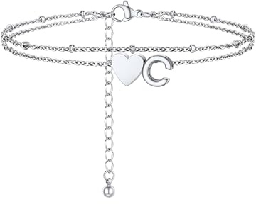 PROSTEEL Bracelet de Cheville Femme Acier Inoxydable de 22+5cm, Double Chaîne avec Charm Coeur et Lettre C, Bijou Initiale Estival
