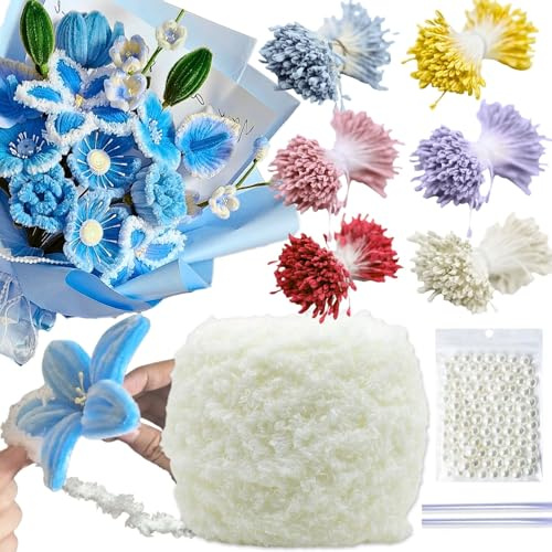 HanCheng 600 Pcs 6-Coloured Flower Stamens for Crafting,200 Pcs Pearls and 1 Roll Fluffy Yarn for Pipe Cleaners Crafting,Stamens,Accessories for Pipe Cleaner Flower Kit