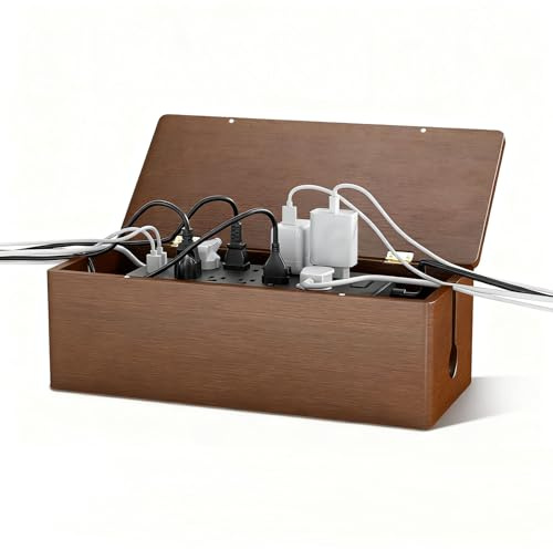 DELAMU 14.17 Large Cable Management Box with Magnetic Lid, Cord Mangement Box and Cord Box Hider for Electrical Cord Management with Ventilation Design, Hide Cables on Desk and Floor, Cable Box Brown