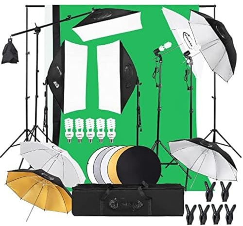 LEADZM Kit Studio Photo et éclairage, 2m x 3m Système de Support de Toile de Fond, Ampoules LED Parapluie Continu pour Portrait et Photographie Vidéo (LE002)