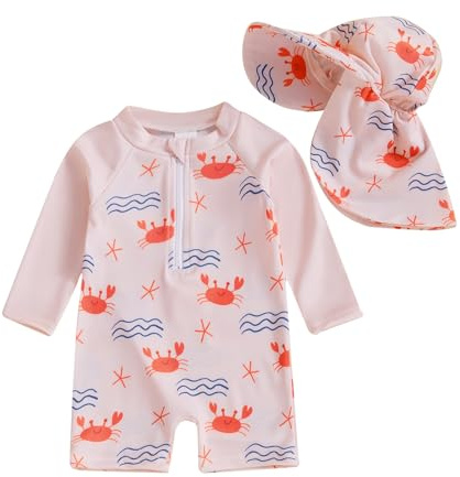 Toddler Baby Girl Swimsuit and Hat Zip Up Long Sleeve All in One Swimming Costume UV Sun Protection Swimwear One Piece Swimming Suit Rash Guard Sunsuit (Animal Crabs Light Rose, 12-18 Months)