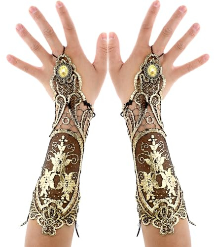 Lusofie Bronzing Gold Fingerless Gloves Women for Steampunk Accessories Floral Lace Renaissance Costume Steam Punk Accessories Women Gothic Gloves for Halloween
