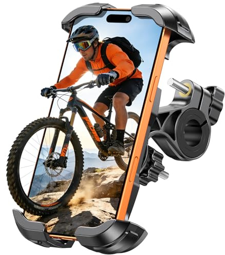 Glangeh Soporte Movil Bicicleta, [Abrazadera Reforzada] Soporte Movil Moto con Bloqueo Seguro, Universal Suporte Telemóvel Moto Giratorio 360° Compatible con iPhone 16 Pro/15/S25 Ultra, 4.7-6.9 Móvil