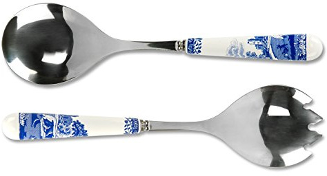 Spode Blue Italian Collection Salad Servers | 2 Piece Spoon and Fork Set | 10 Inch | Blue and White | Made of Porcelain and Stainless Steel | Italian Countryside Design