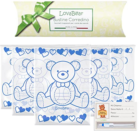 Lovabear 6 Bustine Corredino Neonato – Sacchetti, Buste Ospedale Nascita, Chiusura con Cursore Ermetico GripLock, 6pz Trasparenti Porta Primo Cambio Vestiti Borsa Parto, Bimbo