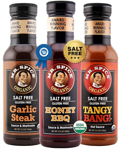 Mr. Spice Original 3 Pack, Organic Salt Free Honey BBQ, Garlic Steak & Tangy Bang Hot Sauce, Gluten Free Sauces, Low Sodium Marinades for Grill, Skillet & Air Fryer, Award-Winning Flavors, 13.5 Oz Ea