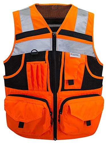 ZUJA 3M Reflective stripes Safety Vest Hi-vis Orange knitted Vest with 10 pockets Bright Construction Workwear for men and women. (Extra Large)