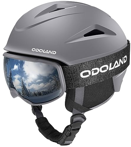 Odoland Skidhjälm med 18 % VLT skidglasögon för skidåkning och snowboard, lätt vikt och justerbar ventilation snöhjälm med varma fluffiga öronkuddar för män kvinnor vuxna och ungdom, grå S