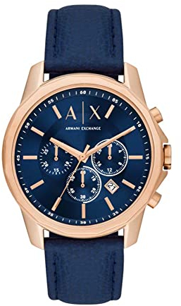 Armani Exchange Orologio da uomo, movimento cronografo al quarzo e cassa da 44 mm con cinturino in pelle, Blu e oro rosa