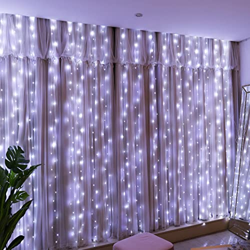 HXWEIYE 300LED weiße Lichtervorhang 3mx3m USB Lichterkettenvorhang mit 8 Modi Fernbedienung Einstellbare Helligkeit für Schlafzimmer, Fenster,Innen, Außen, Hochzeiten