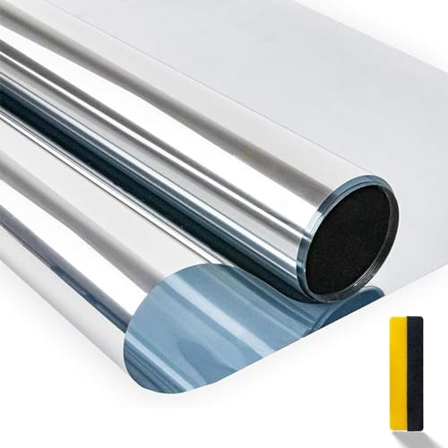 Zindoo Pellicola per Vetri Finestre Pellicola Specchio da Finestra Riflettente Monodirezionale 99% Anti-UV Controllo del Calore, Adatto per Ufficio Casa, Argento 75x300cm