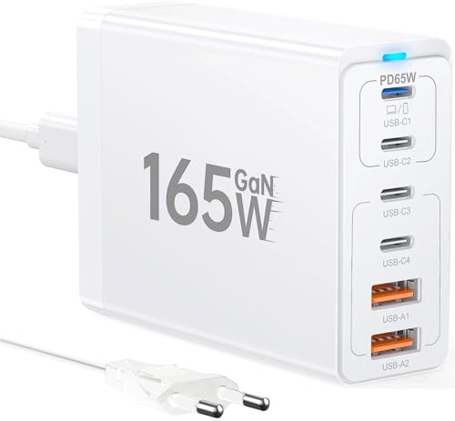 165W USB C Charger GAN，Multiple USB Charger【4 USBC + 2 USBA】 PD ，Estación de Carga de 6 Puertos Compatible con iPhone/Samsung/Google/Xiaomi/Laptop/Tablet y Otros Dispositivos USBC-Blanco