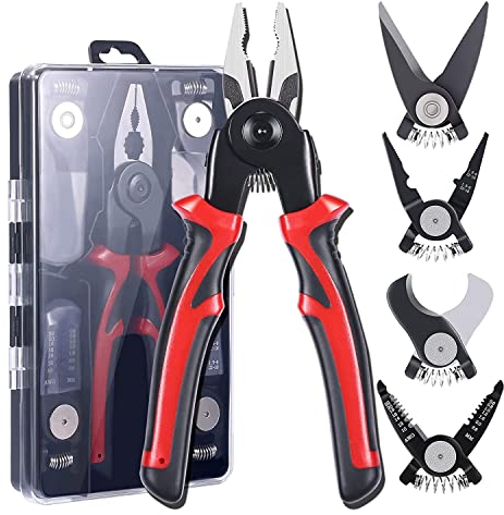 Dasing Juego de herramientas de alicates de 5 piezas, juego de herramientas versátil 5 en 1, con alicates de liniero, pelacables, herramienta de engarzado, tijeras de hojalatero