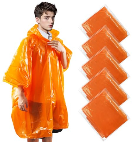 KAshack Poncho de lluvia desechable transparente para hombre y mujer, 5/10 unidades, 100% impermeable, con capucha, ligero, para senderismo, camping y viajes, poncho de emergencia, Naranja 5 Piezas,