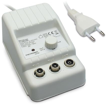 Metronic 332187 Amplificador TV FM/VHF/UHF para Digital terrestre con Filtro 5G, 2 x 24dB Ajustables, 1 Entrada/2 Salidas, Interior, 47/694 MHz, Blanco