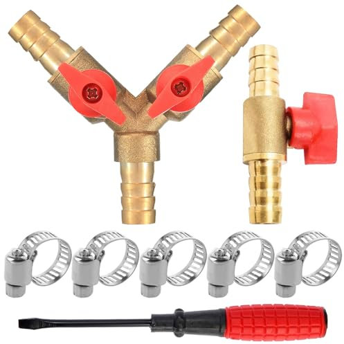 Valvola a Sfera 3 Vie 10mm e Raccordo a 2 Vie 10mm con 5 Fascette Portagomma 6-12mm Raccordo y Ottone Adattatore Tubo Connettore Deviatore per Tubi per Raccordi da Carpenteria Aria Acqua Gas