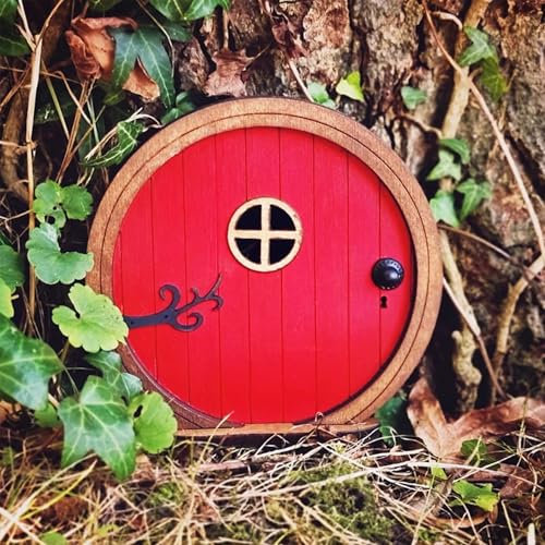 Gwezmxs Porte en Bois de Fée et de Lutin pour Arbre et Jardin - Rouge, 10,5 x 10 cm