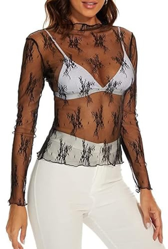 JSTHHTT Women Mesh Tops Long Sleeve, Sexy Long Sleeve Sheer Mesh Top, Blouse Tee See Through, Slim Fit T Shirt Transparent, Stretchy Sheer Black See-Through T-Shirt Tops for Party Clubwear