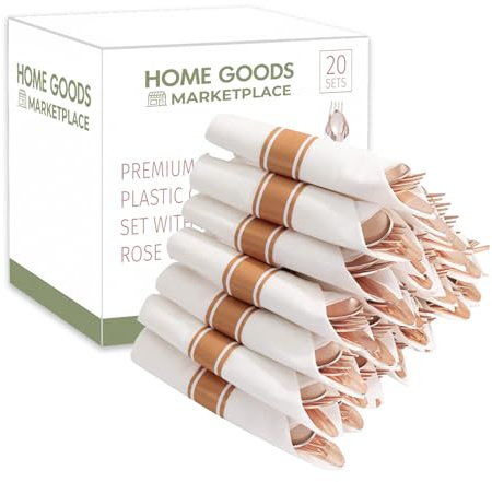 Rose Gold Plastic Silverware Pre-Rolled Sets; Fork, Spoon, and Knife Rolls, Pack of 20 Pre-Rolled Sets