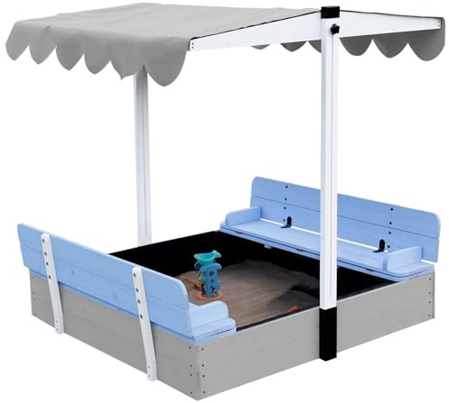 FunXplore Wooden Kids Sandbox with Lid & Canopy, Outdoor Sand Pit with Cover & Adjustable Roof, 2 Foldable Benches, Bottom Liner, Backyard Play Equipment for Ages 4-8, Blue