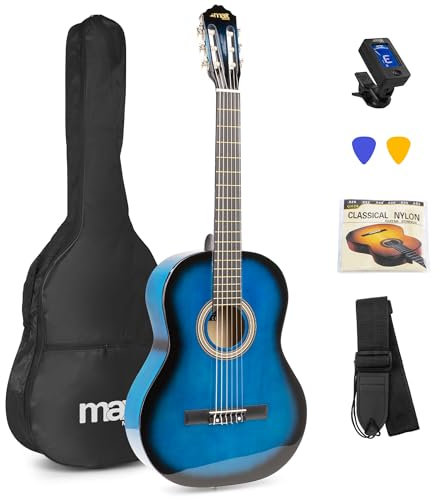 MAX SoloArt Konzertgitarre 4/4, Akustik Gitarre für Anfänger mit Tasche, Stimmgerät, Gurt und Zubehör, Acoustic Guitar, Akustikgitarre Blau