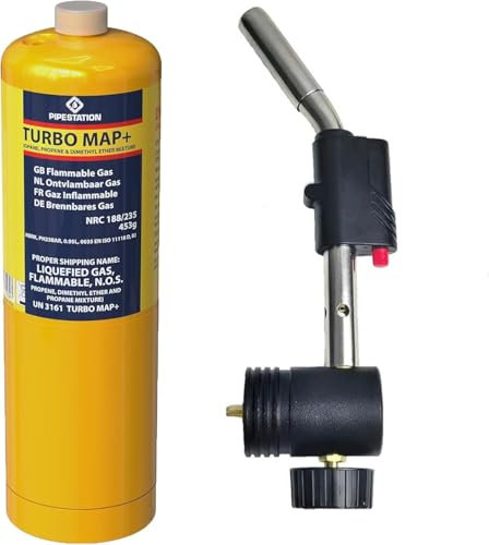Turbo Blow Torch and 1x Mapp Gas Bottle | Gas Torch with Map-Plus Pro Canister for Plumbing Soldering Brazing Searing Thawing Heat Treatment | Quick Fire Trigger Ignition Blowtorch with Map+ Cylinder