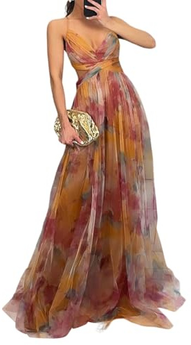 shownicer Vestito Donna Elegante Abito Cerimonia Vestito Lungo Estivi Scollo a V Senza Maniche Vestiti Stampa Floreale A Arancione L