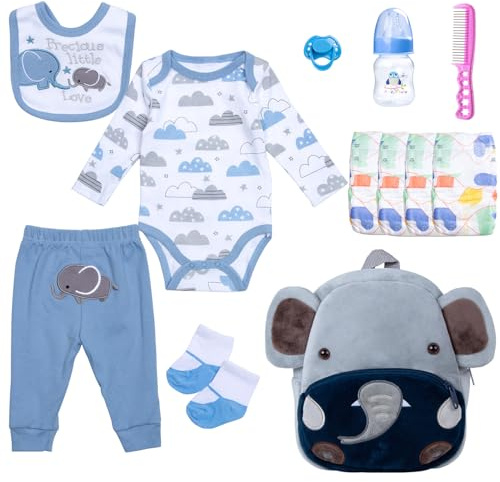 12 pcs Reborn Baby Doll Clothes Accessories Set Fit 17-22 Inch Newborn Baby Dolls Blue Elephant with Backpack Pacifier Diapers Boy