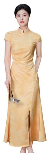 Women's Cheongsam Dress -Summer Improved Young Chinese Retro Qipao Slim Long Dress Wedding Party Cheongsam Traditional Oriental Clothing Fashion Dresses,Yellow,XXL