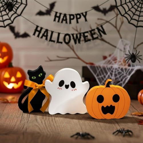 WUSJCOF Lot de 3 Décorations Halloween en Bois Fantôme Mignon Citrouille et Chat Noir Figurines à Poser Déco de Table Automne pour Intérieur