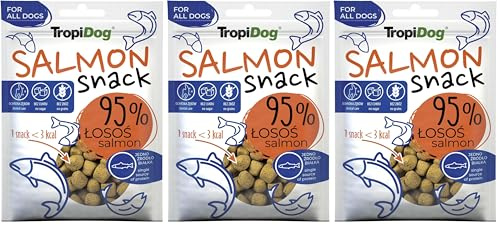 Friandise monoprotéinée 95% Saumon, sans céréales, idéale pour l’entraînement et la détente. Soutient l’hygiène buccale - TropiDog Snack Salmon 70g (Lot de 3)