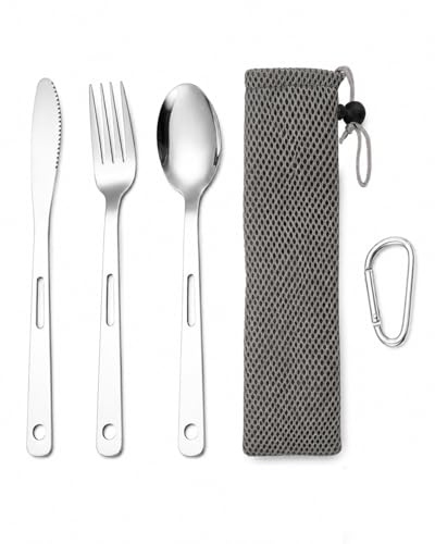 YIPFEN Set de Cubiertos Portátiles de Acero Inoxidable 3 Piezas para 1 Persona, Reutilizables con Estuche y Mosquetón – Ideal para Camping, Viaje, Oficina, Picnic