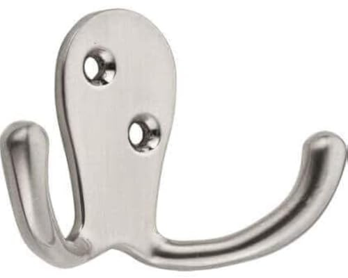 Decohooks Two Prong Robe Hook - Wide Design - Satin Nickel - Door and Wall Mountable - Single - Fixings Included