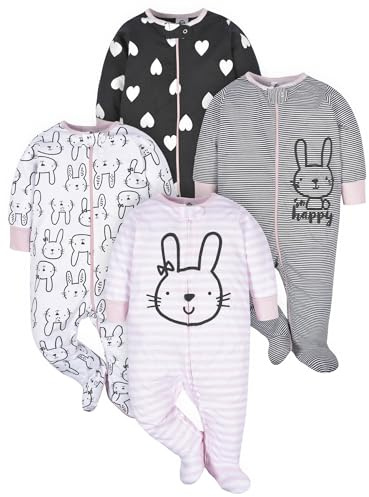Gerber - Juego de 4 pijamas con diseño de conejitos para bebé niño con puños de manoplas