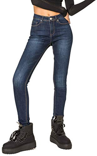 Nina Carter P076 dam skinny fit jeans hög midja jeans push-up stretch använd look denim byxor, Mörkblå (P076-2b), S (Smal)