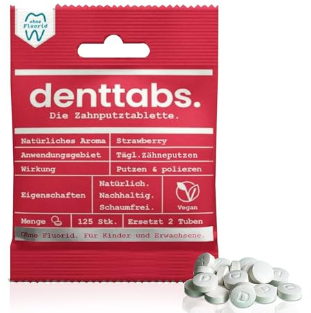 Denttabs Zahnputztabletten Erdbeergeschmack 125 Stk. die vollwertige Alternative zur Zahnpasta, fluoridfrei für Kinder und Erwachsene VEGAN Plastikfrei ohne Konservierungsstoffe. kompostable Bag