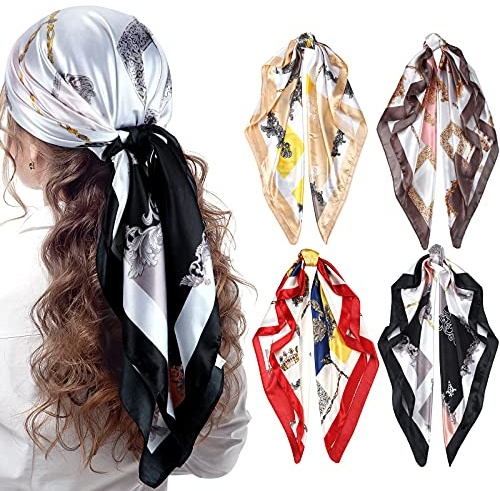 Honoson 4 Pcs 35 Inch Satin Head Scarf for Women's Hair Square Bandanas Large Silk Scarves for Sleeping(Boho Series)
