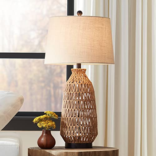 360 Lighting San Carlos Coastal Cottage Core Modern Table Lamp 29 Tall Natural Rattan Wicker Bronze Oatmeal Fabric Tapered Drum Shade for Bedroom Living Room House Home Bedside Nightstand Office