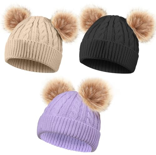 Geyoga Kids Toddler Winter Pompom Hat Baby Knitted Beanie Hat Faux Fur Pom Beanie Cap for Girls Boys 1-3 Years Old(Grey,Khaki,Navy Blue,M)