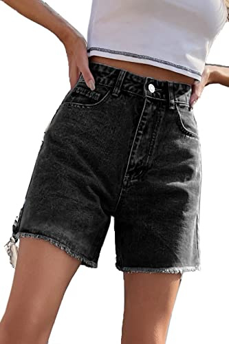 GOLDPKF Womens Denim Jean Shorts Ladies Cotton Casual Button Middle Length Knee Shorts Stretch Summer Hot Pants Black UK Large