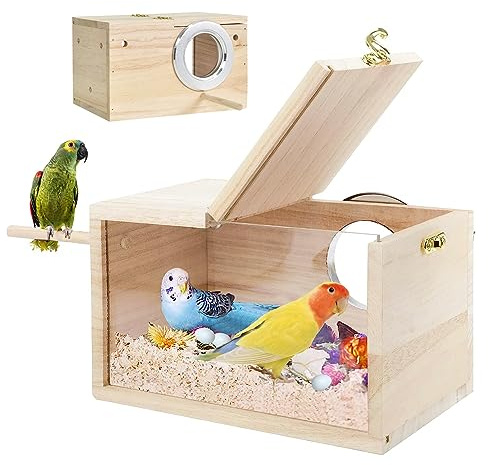 Genomskinlig fågelholk för unduler – träparakit fågelhus för bur, naturligt trä avelslåda för papegojor, turduggar, finkar