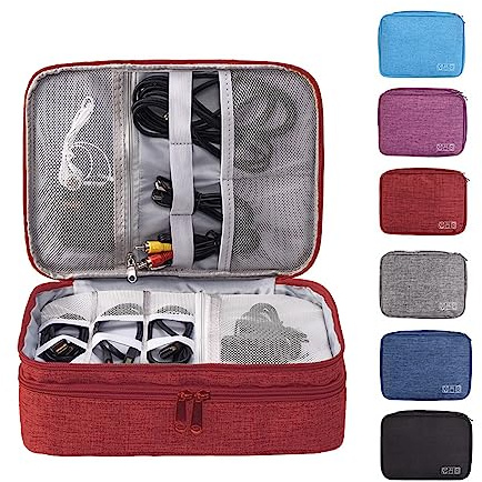 Borsa Organizer per Cavi Elettrici,Organizer Cavi, Borsa Accessori Elettronici, Organizzatore Multifunzione per Fotocamera Disco Caricatore, Elettronica Viaggio Custodia Organizzatore(3 strati,rosso)