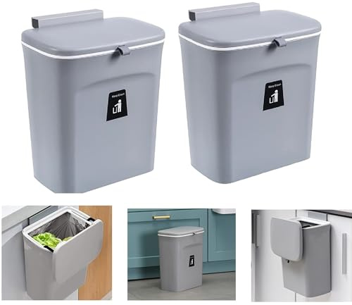 NiC IS COCNG Papperskorg, kökskorg, typ av köksskåp dörr plast vägg soptunna med lock glidande lock, kök, badrum, sovrum, vardagsrum, 9L-2 st (grå)