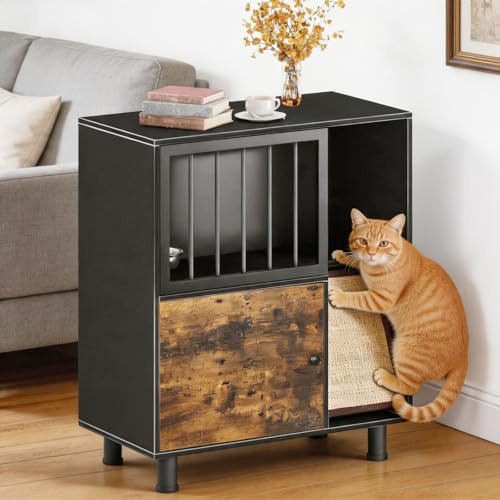 CYzpf Wood Dog Proof Cat Feeding Station with Storage Box and Removable Bowl, Outdoor Cat Feeding Table with Scratching Board, Vintage Pet Furniture for Indoor