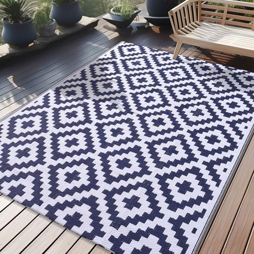 Homaxy Utomhusmatta, väderbeständig, 150 x 240 cm, marinblå och vit | Plast halm UV-resistent vändbar vikbar tvättbar balkong trädgård matta för terrass picknick camping